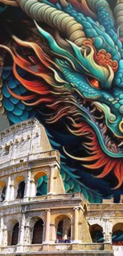 Dragon overlooking Colosseum with vibrant colors.