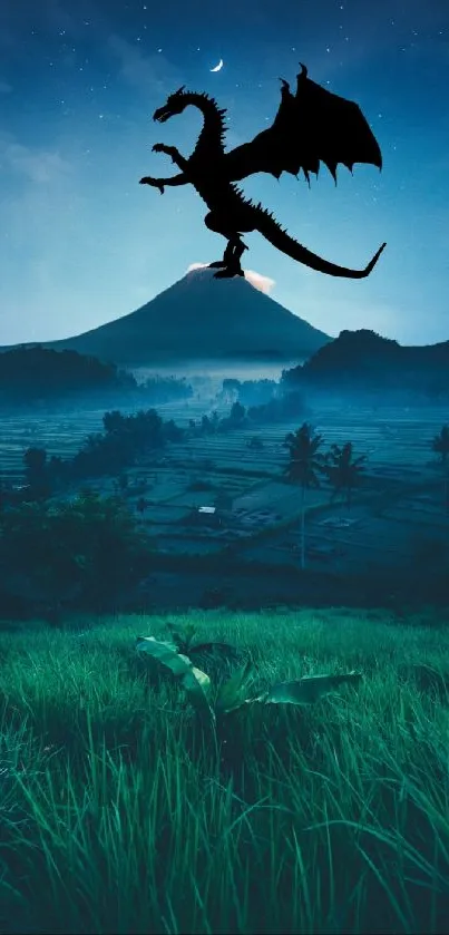 Dragon silhouette over misty mountain landscape at night with starry sky.