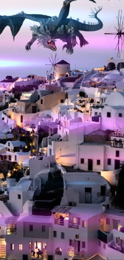 Dragon gracefully soars over Santorini's enchanting skyline at dusk.