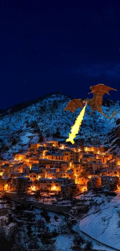 Dragon soaring over snowy village under starry night sky.