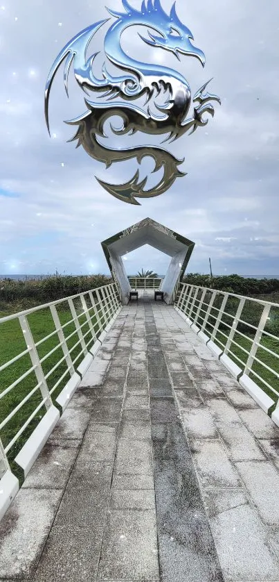 Metallic dragon floating above serene pathway with cloudy sky backdrop.