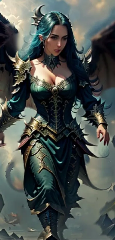 Fantasy dragon queen with teal wings and armor in a mystical setting.