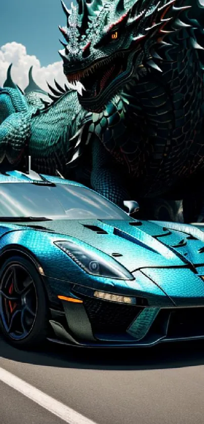 A striking teal race car with a dragon in a fantasy setting.