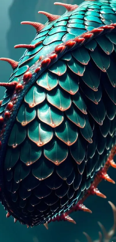 Intricately detailed teal dragon scales with vivid red accents on a fantasy wallpaper.