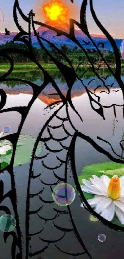 Artistic dragon with sunset and lotus flowers on serene water background.