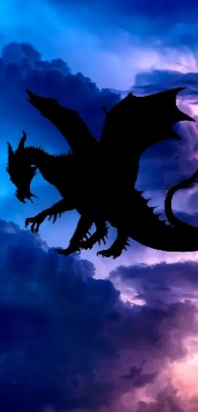 Silhouette of a dragon flying in a stormy, colorful sky.