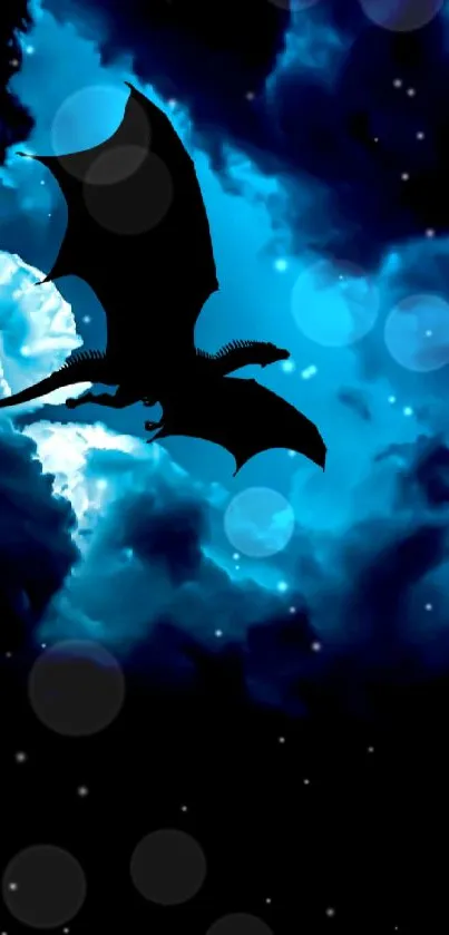 Silhouette of dragon flying through blue clouds at night.