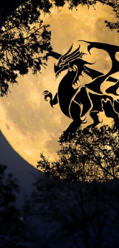 Silhouette of a dragon against a full yellow moon framed by dark branches.