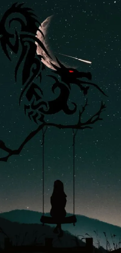 Dragon silhouette over night sky with a girl on a swing.