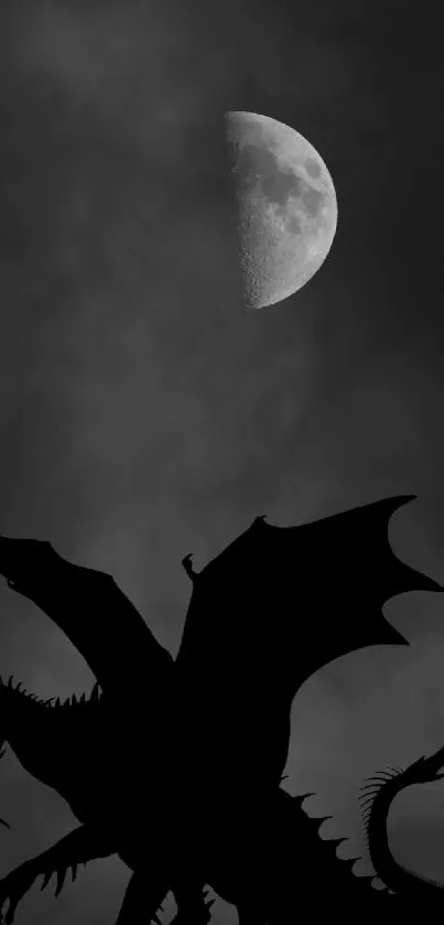 Dragon silhouette against a half-moon night sky.