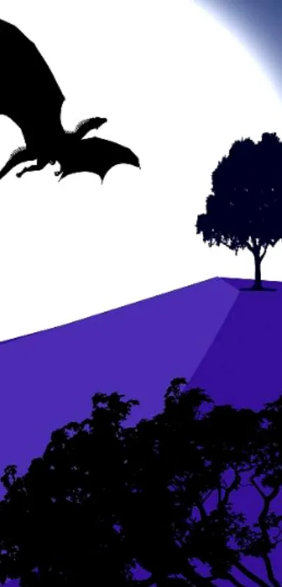 Dragon flying at night over a purple landscape silhouetted against the moon.