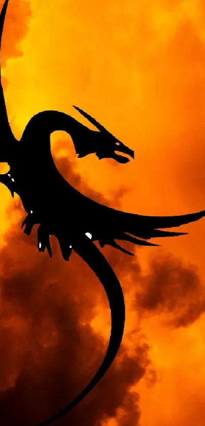 Silhouette of a dragon against a fiery orange sky wallpaper.