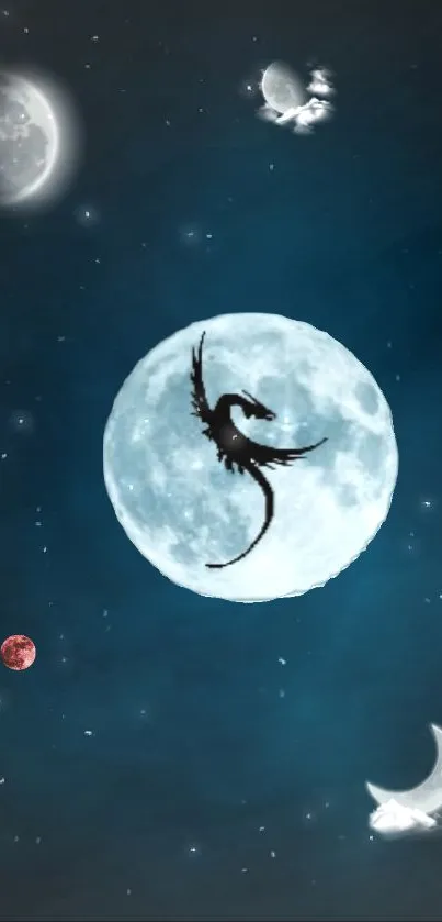 Silhouette of a dragon flying against a moonlit sky with deep blue hues.