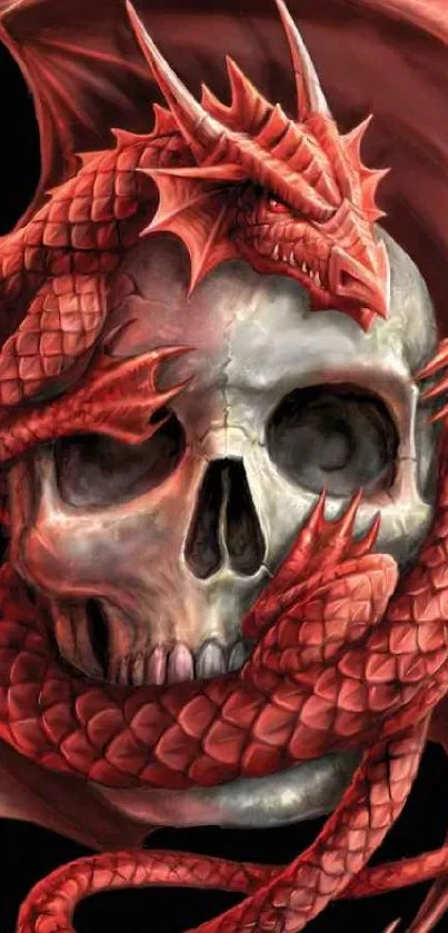 Red dragon wrapped around a skull with dark background art.