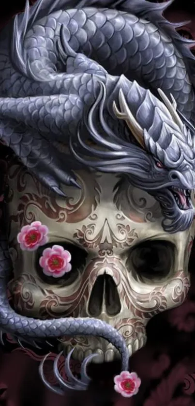 Dark gothic wallpaper with dragon and skull entwined with pink flowers.