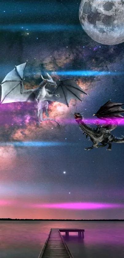 Dragons flying under a starry sky with galaxy and moon.