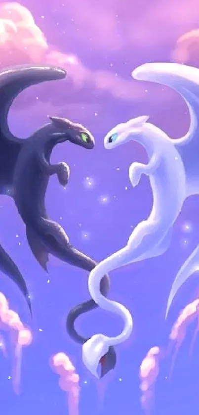 Two dragons form a heart against a purple sky with clouds.