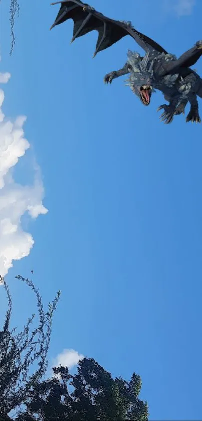 Dragon flying high against a clear blue sky backdrop.