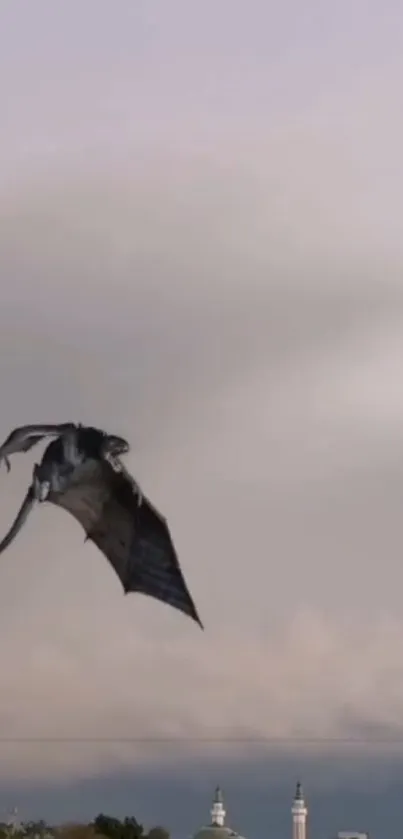 Dragon flying in the sky against a cloudy backdrop.