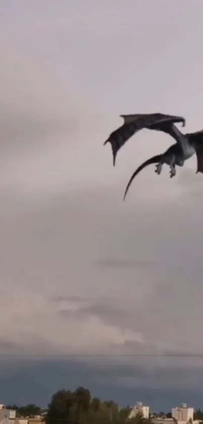 Dragon flying in a grey sky over a city landscape.