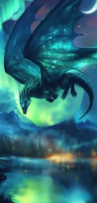 Majestic dragon flying under aurora-lit sky with mountains below.