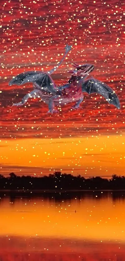 Dragon flying over colorful sunset lake scene with red sky.