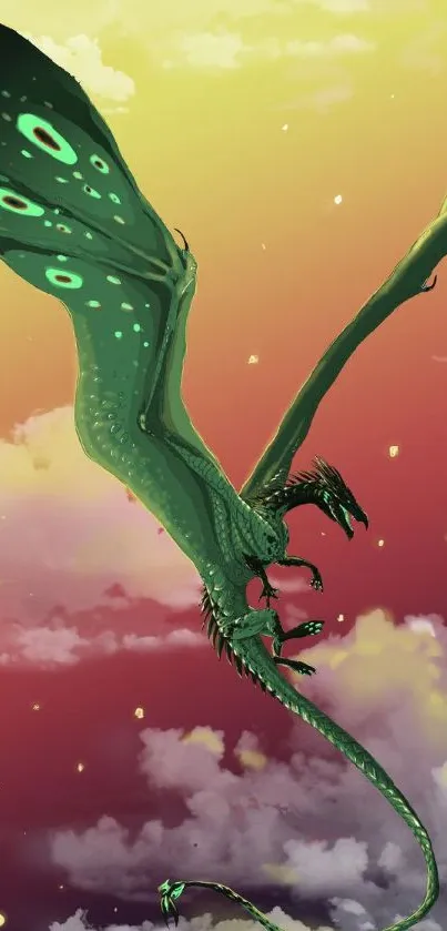 Green dragon flying against a vibrant sunset sky.