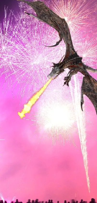 A dragon flies over vibrant fireworks, creating a magical night scene.