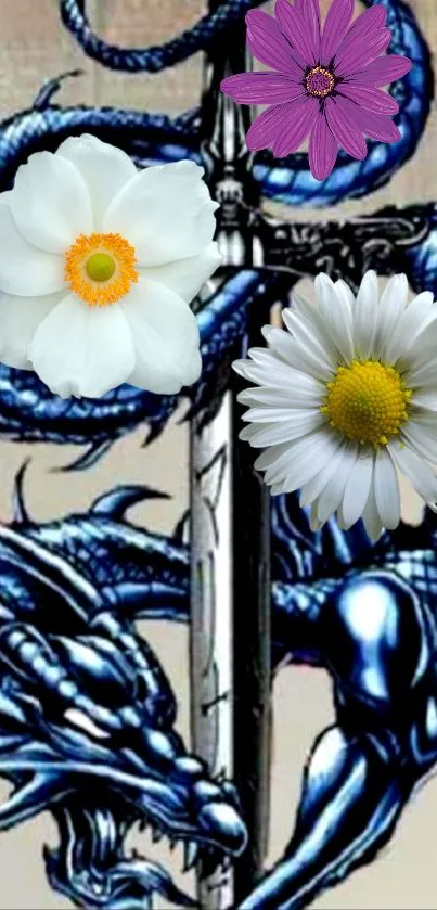 Blue dragon and flowers around a sword on wallpaper.