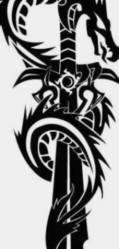 Black and white tribal dragon sword design on mobile wallpaper.