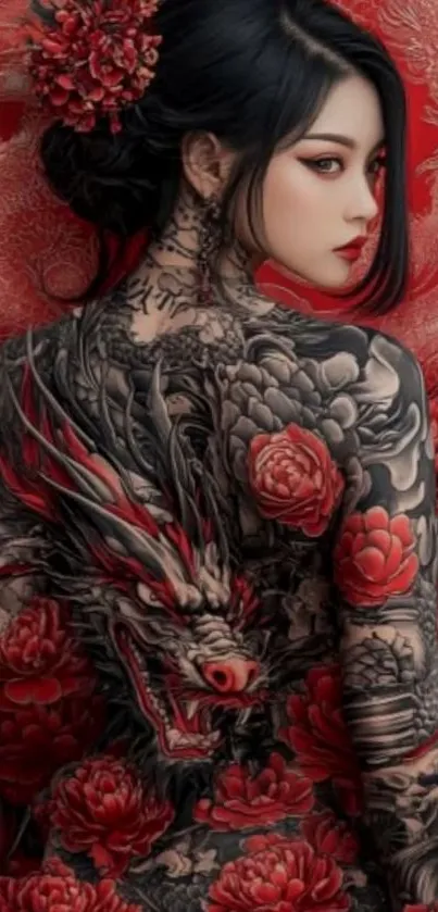 Intricate dragon tattoo art in vibrant red hues on a woman's back.