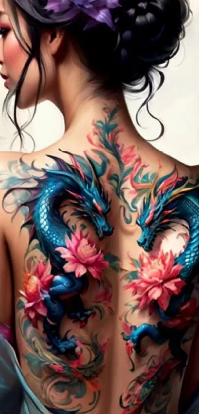 Vibrant dragon tattoo with flowers on a woman's back, in artistic style.