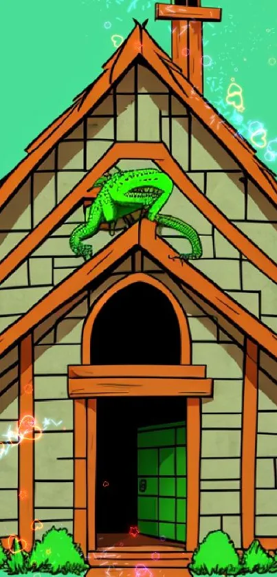 Illustration of a dragon on a rustic cottage with a vibrant green background.