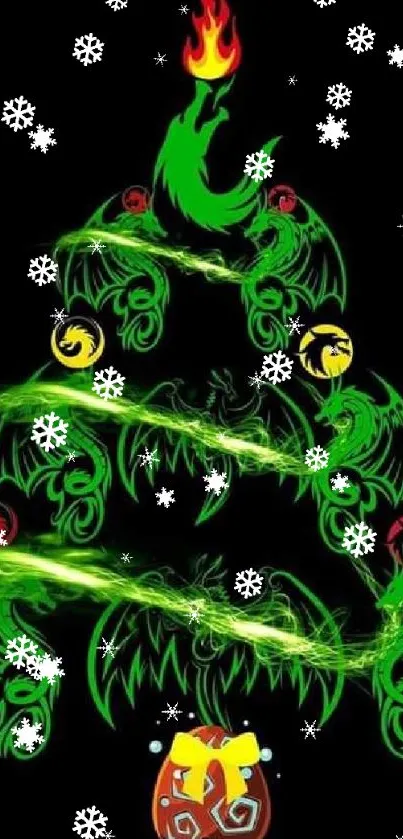 Dragon themed Christmas tree wallpaper with vibrant flames and ornaments.