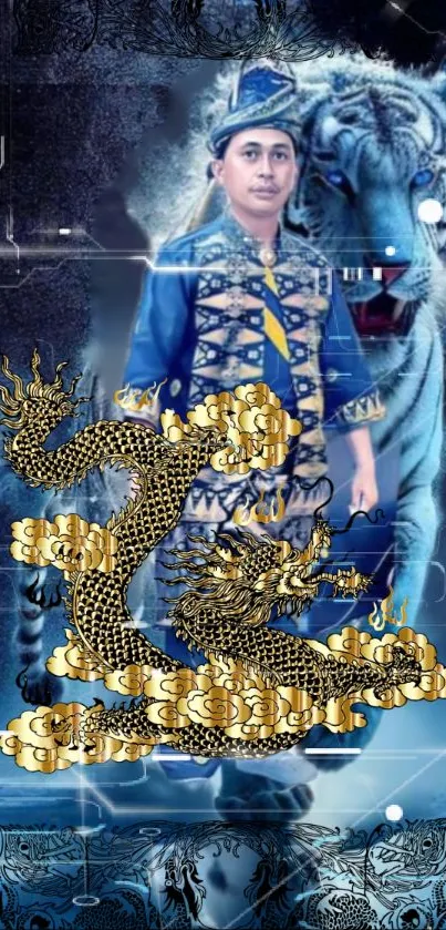 Fantasy art wallpaper with a golden dragon, a blue tiger, and a person in traditional attire.