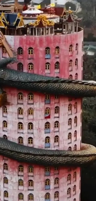 Pink tower with dragon in fantasy wallpaper.