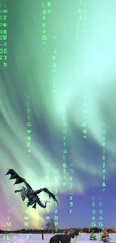 A dragon flies beneath glowing aurora borealis in this stunning mobile wallpaper.