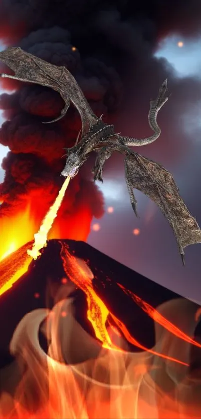 Dragon breathing fire over erupting volcano with flames and smoke in the background.