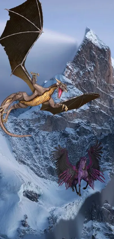 Epic dragon and pegasus battle over snowy mountains.