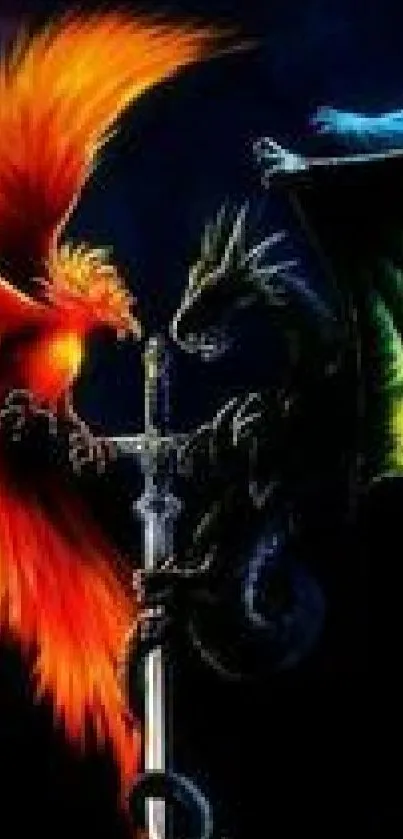 A vibrant dragon and phoenix clash wallpaper for mobile phones.