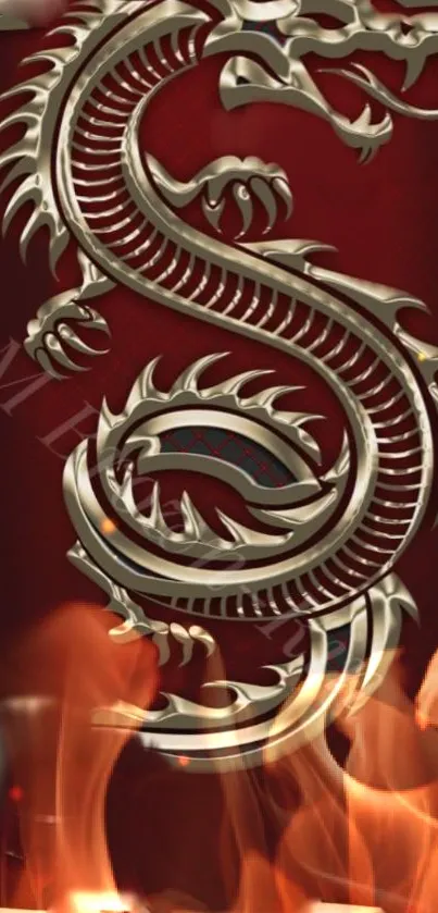 Metallic dragon with fiery flames on dark red background.