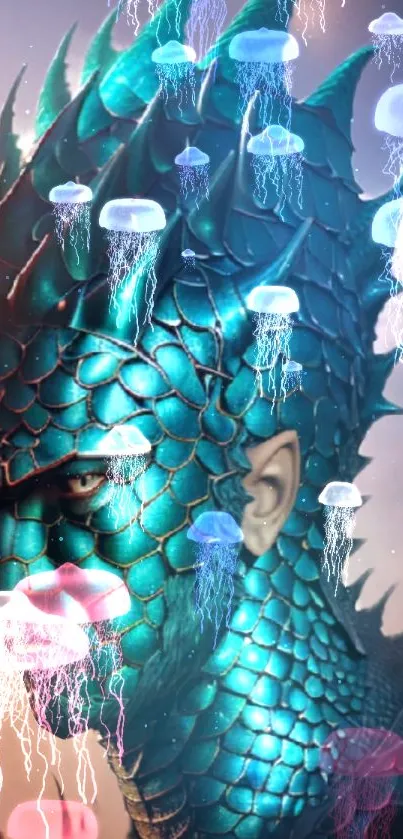 Fantasy dragon warrior with jellyfish in a cyan-hued wallpaper