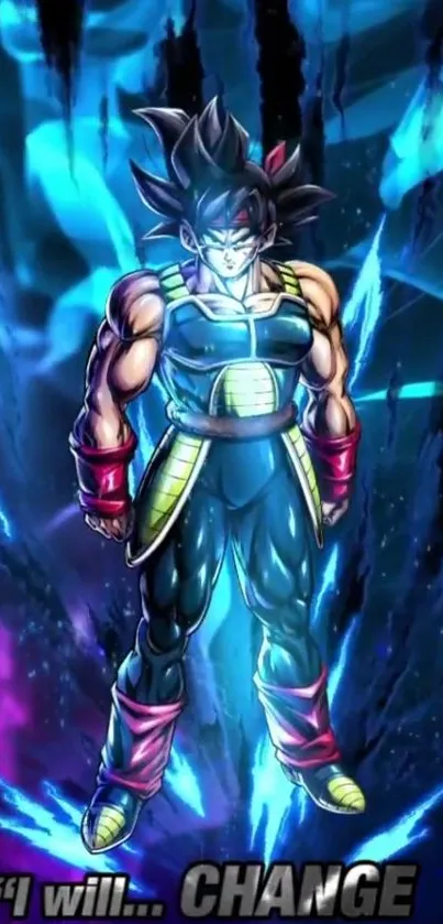 Anime warrior in a blue aura with dynamic power pose.