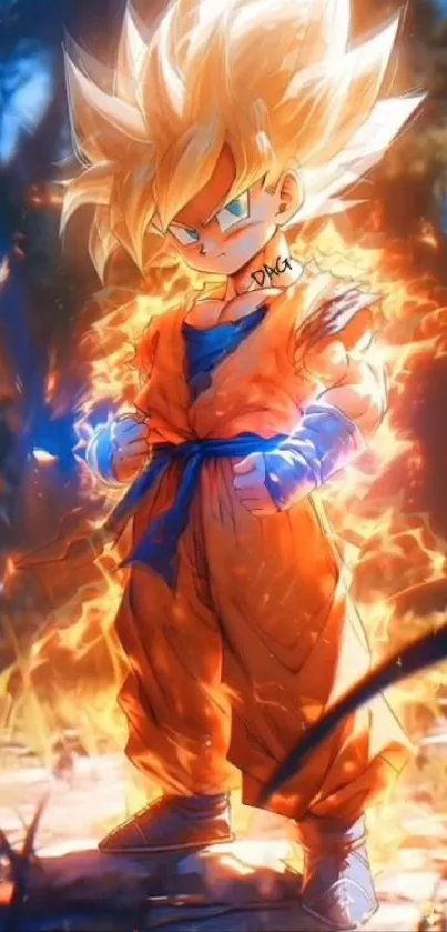 Anime character with fiery energy aura and dynamic background.