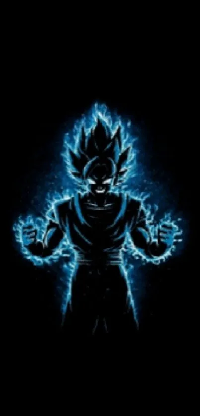 Anime warrior with electric blue aura on a black background.