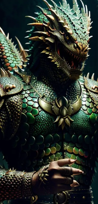 Dragon warrior in detailed armor and vibrant scales.