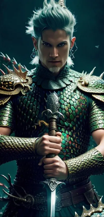 Fantasy warrior in dragon armor holding a sword, vibrant and powerful illustration.