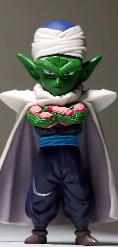 Green alien character stands confidently in white cape on phone wallpaper.
