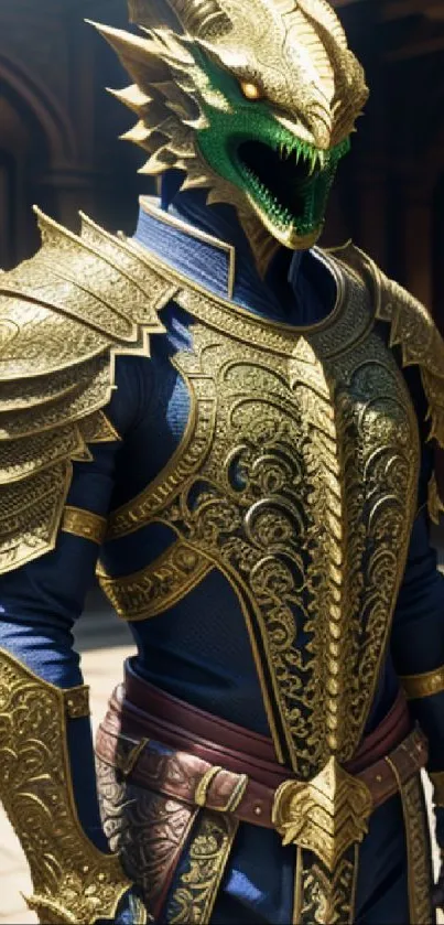 Fantasy dragon warrior in golden armor with intricate details.