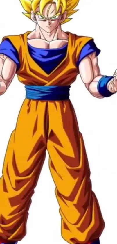 Anime character in orange and blue costume, striking a powerful pose.